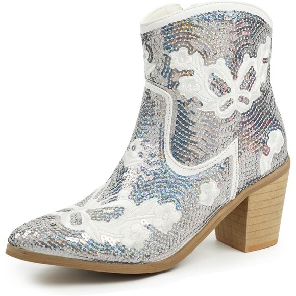 Shoes - Women's Sparkling White Shiny Sequin Embroidery Ankle Pointed Toe Western Boot